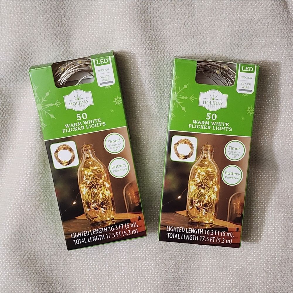Lot of two Holiday Time 50-Count Battery-Operated LED Flicker Christmas String